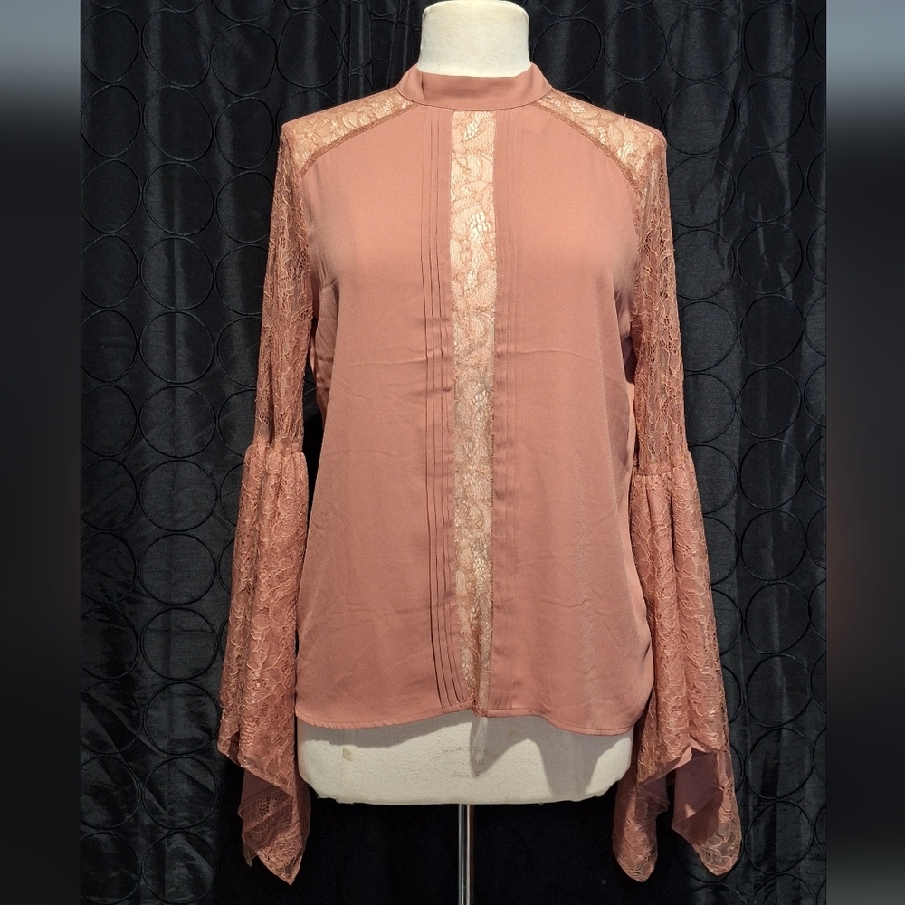 Express Dusty Rose Lace Panel Bell Sleeve Blouse